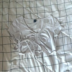 White scrunched V-neck crop top